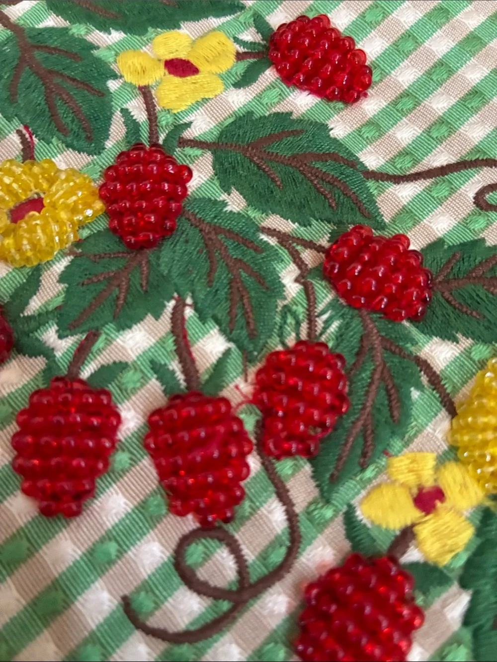 VINTAGE Isabella Fiore Red Leather&Green Gingham Bag w/ Floral&Fruit Embroidery